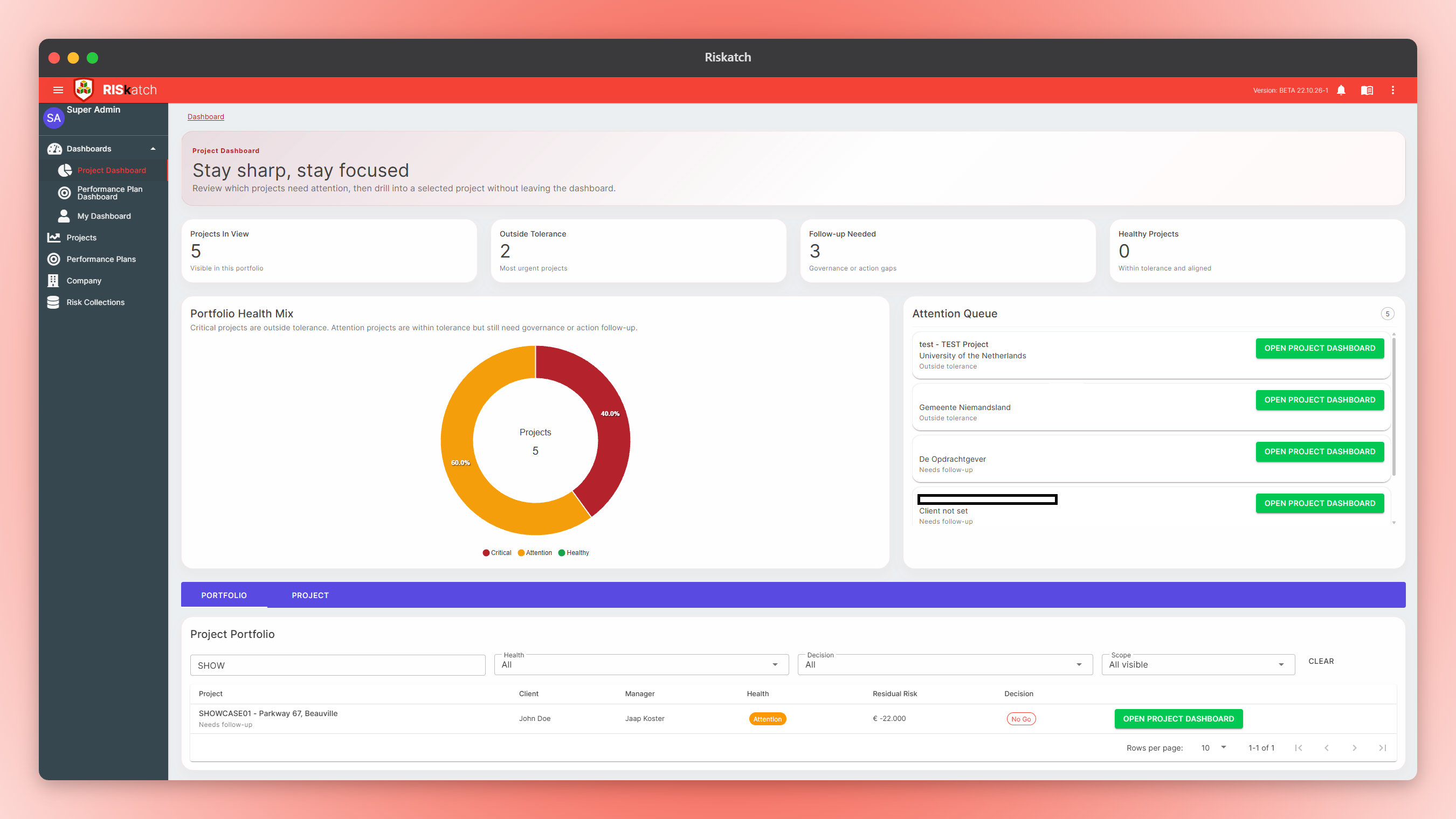Project dashboard with portfolio health and attention queue